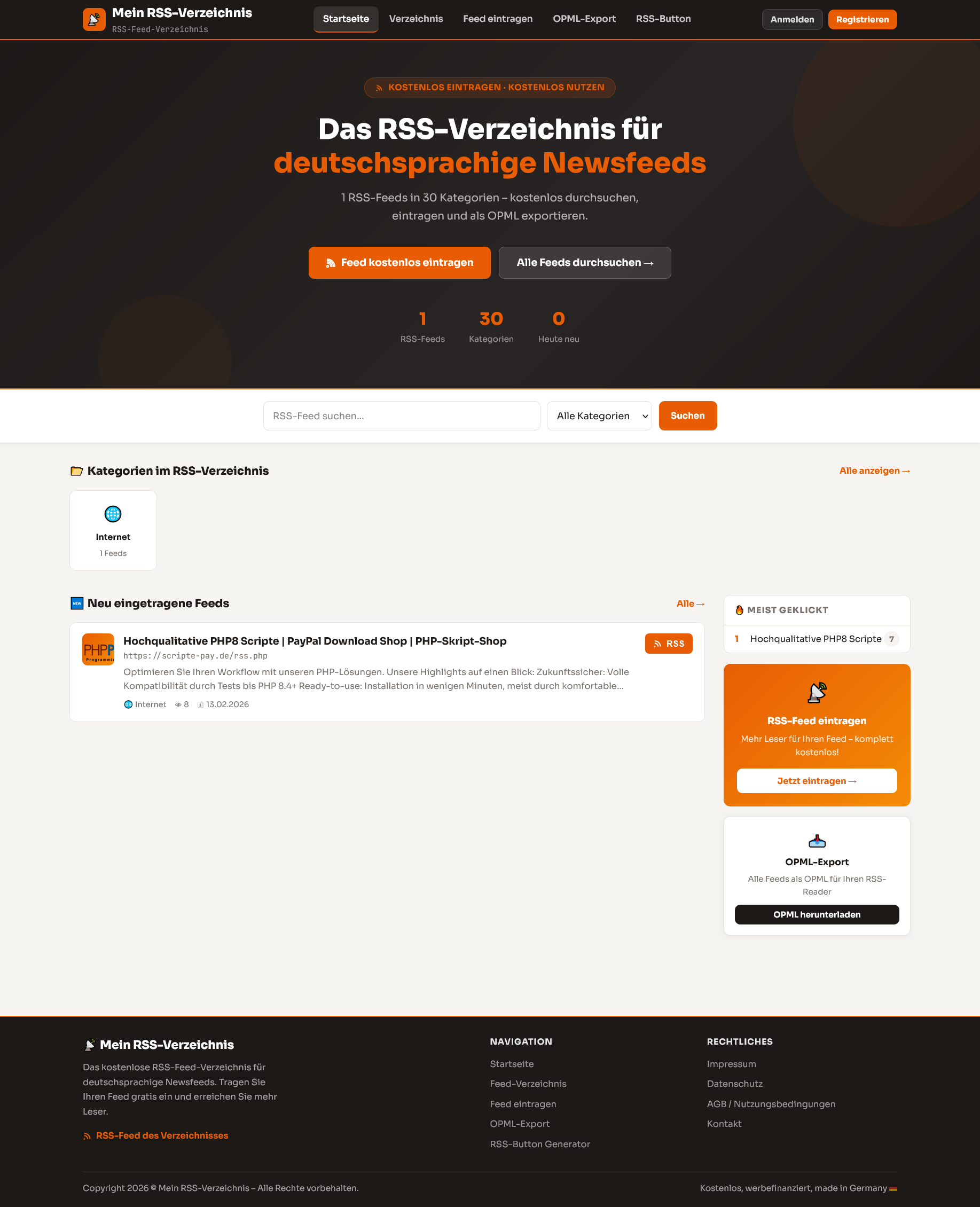 Kostenloses RSS-Feed-Verzeichnis mit Live-Feed-Vorschau, RSS-Button-Generator, OPML-Export und Admin-Panel.