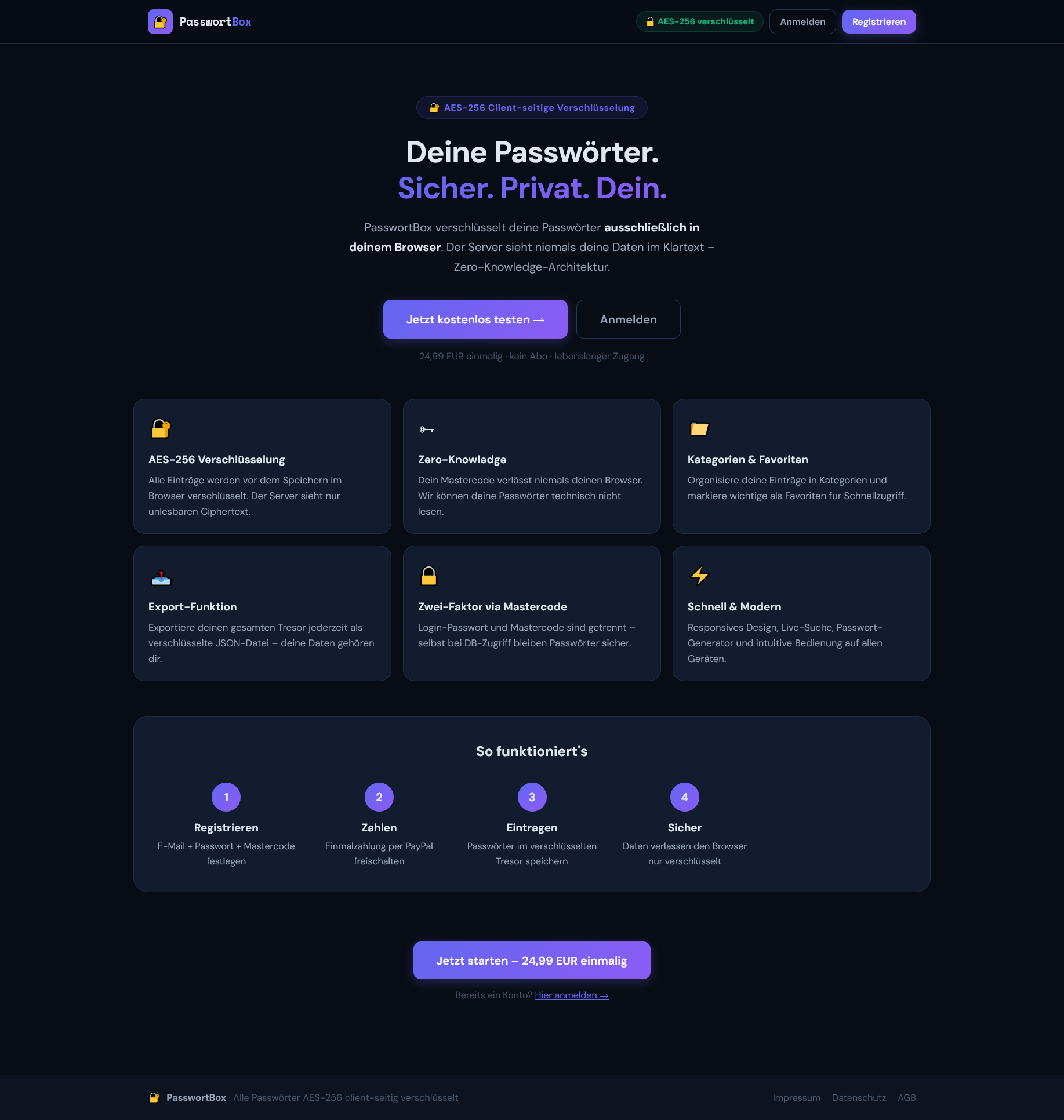 PasswortBox Sicherer Passwort-Manager mit AES-256 Client-seitiger Verschlüsselung