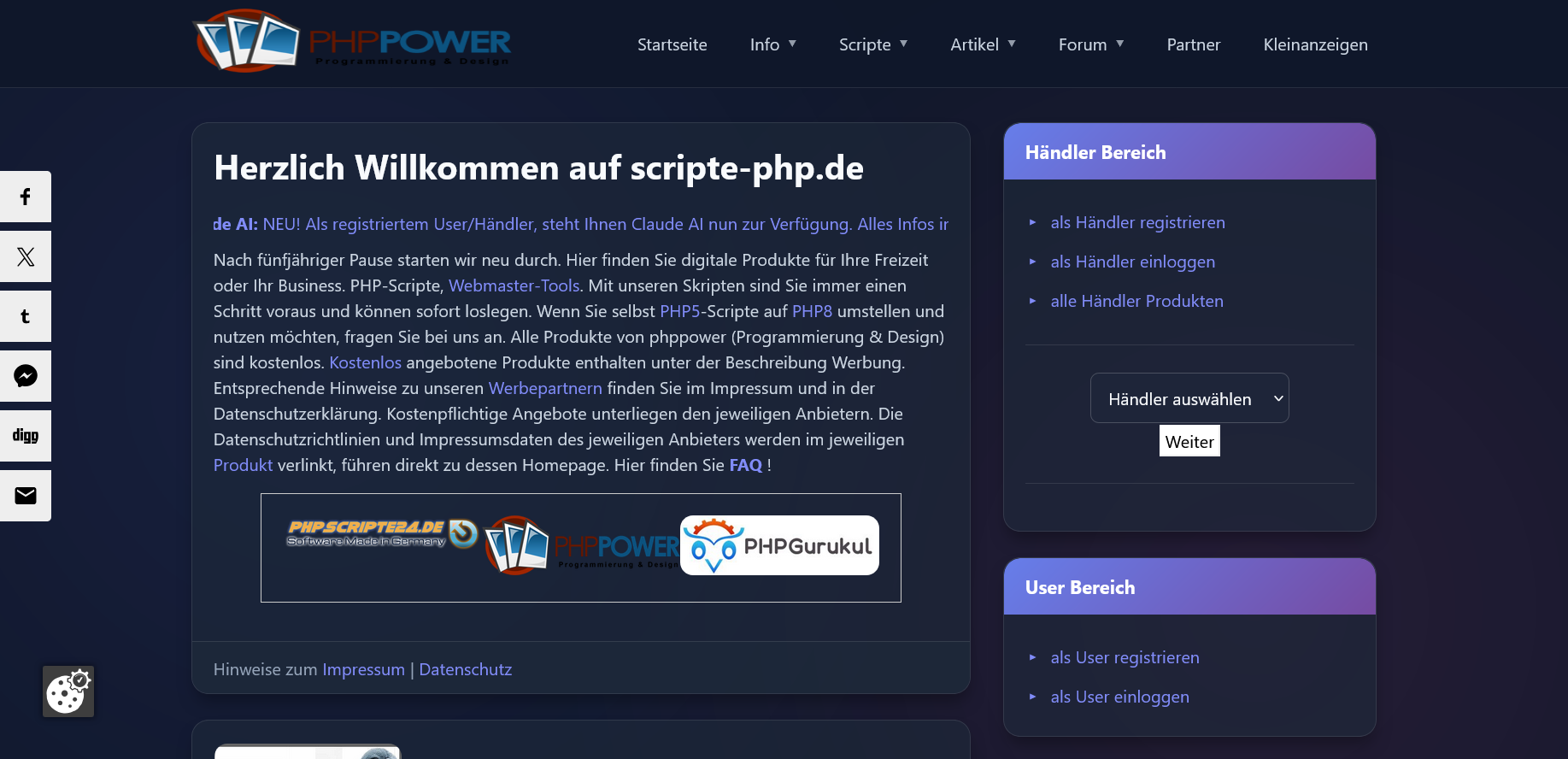 kostenlose php Scripte Downloaden -  - PHP-Scripte, Templates, Webprojekte, Kleinanzeigen, Forum, Galerie, Partner Links, Support und Händler Bereich - Alles für den Webmaster